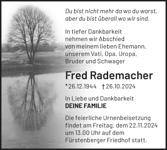 Traueranzeige von Fred Rademacher von Märkische Oderzeitung