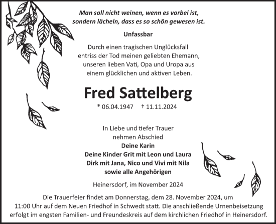 Traueranzeige von Fred Sattelberg von Märkische Oderzeitung