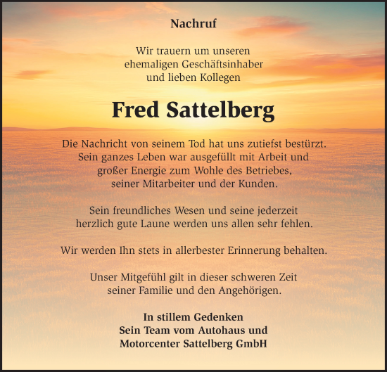 Traueranzeige von Fred Sattelberg von Märkische Oderzeitung