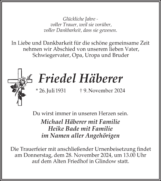 Traueranzeige von Friedel Häberer von Märkische Oderzeitung