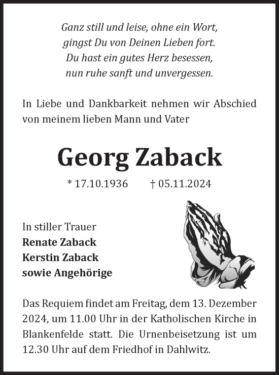 Traueranzeige von Georg Zaback von Märkische Oderzeitung