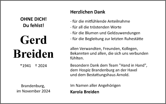 Traueranzeige von Gerd Breiden von Märkische Oderzeitung