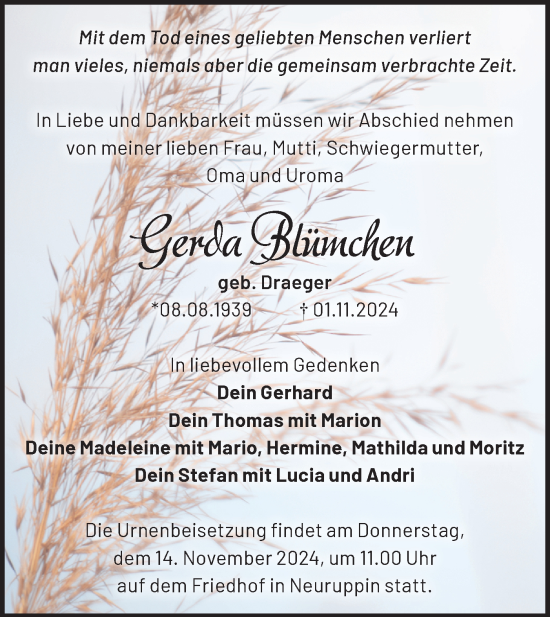 Traueranzeige von Gerda Blümchen von Märkische Oderzeitung