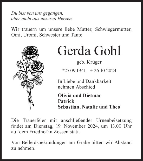 Traueranzeige von Gerda Gohl von Märkische Oderzeitung