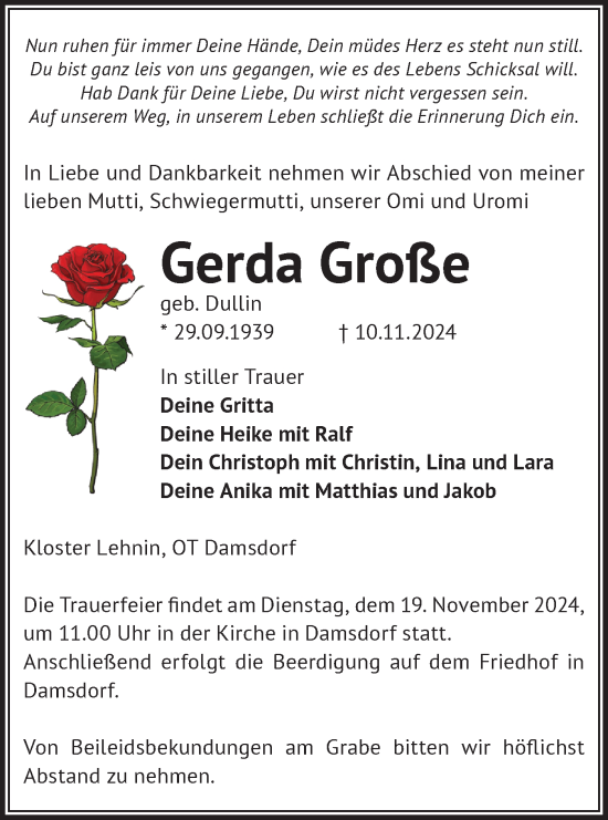 Traueranzeige von Gerda Große von Märkische Oderzeitung