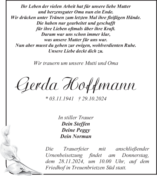 Traueranzeige von Gerda Hoffmann von Märkische Oderzeitung