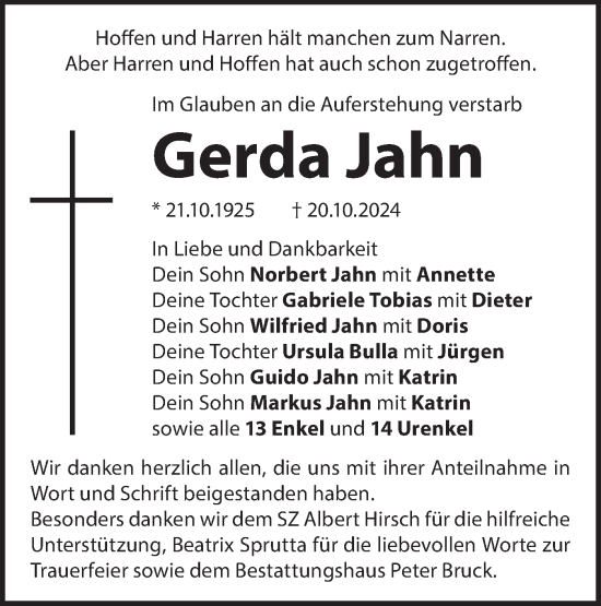 Traueranzeige von Gerda Jahn von Märkische Oderzeitung