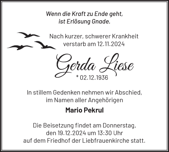 Traueranzeige von Gerda Liese von Märkische Oderzeitung