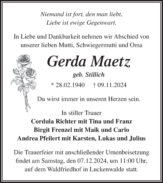 Traueranzeige von Gerda Maetz von Märkische Oderzeitung