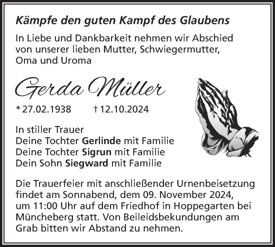 Traueranzeige von Gerda Müller von Märkische Oderzeitung