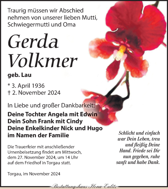 Traueranzeige von Gerda Volkmer von Märkische Oderzeitung