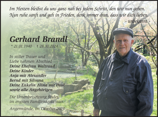 Traueranzeige von Gerhard Brandl von Märkische Oderzeitung