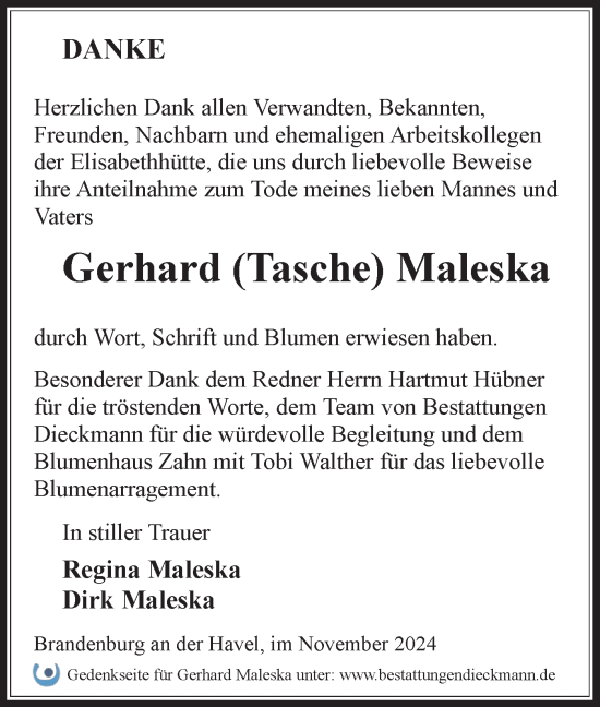 Traueranzeige von Gerhard Maleska von Märkische Oderzeitung