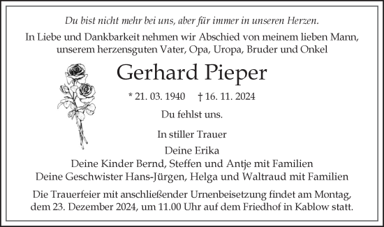 Traueranzeige von Gerhard Pieper von Märkische Oderzeitung