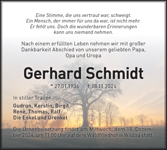 Traueranzeige von Gerhard Schmidt von Märkische Oderzeitung