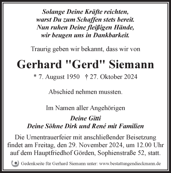 Traueranzeige von Gerhard Siemann von Märkische Oderzeitung