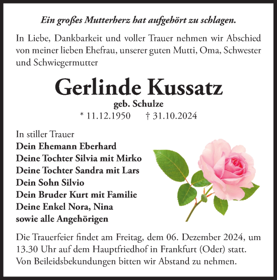 Traueranzeige von Gerlinde Kussatz von Märkische Oderzeitung