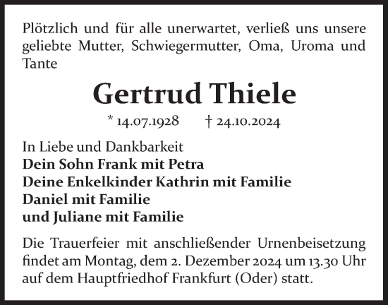 Traueranzeige von Gertrud Thiele von Märkische Oderzeitung