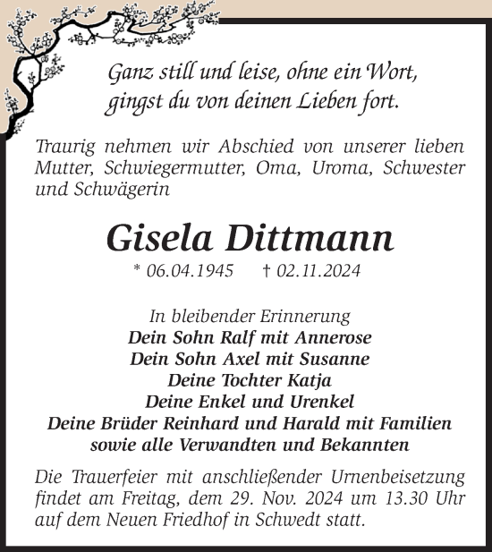 Traueranzeige von Gisela Dittmann von Märkische Oderzeitung