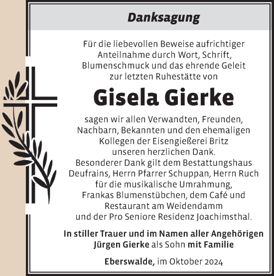 Traueranzeige von Gisela Gierke von Märkische Oderzeitung