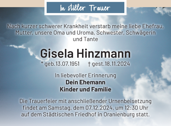 Traueranzeige von Gisela Hinzmann von Märkische Oderzeitung