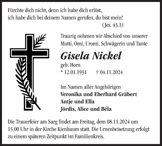 Traueranzeige von Gisela Nickel von Märkische Oderzeitung