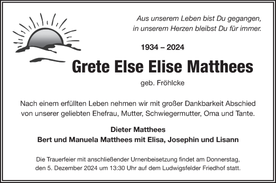 Traueranzeige von Grete Else Elise Matthees von Märkische Oderzeitung