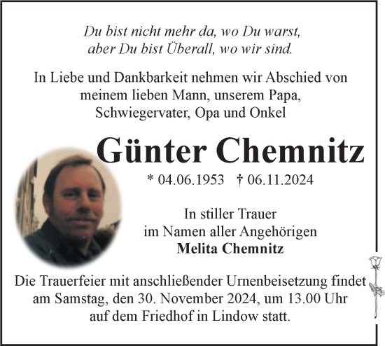 Traueranzeige von Günter Chemnitz von Märkische Oderzeitung