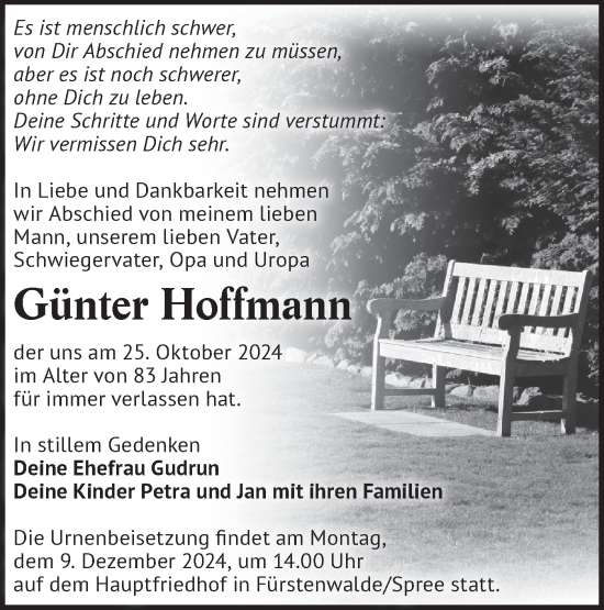 Traueranzeige von Günter Hoffmann von Märkische Oderzeitung