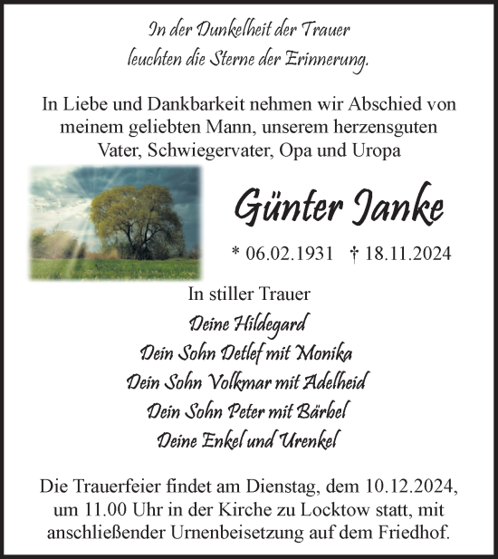 Traueranzeige von Günter Janke von Märkische Oderzeitung