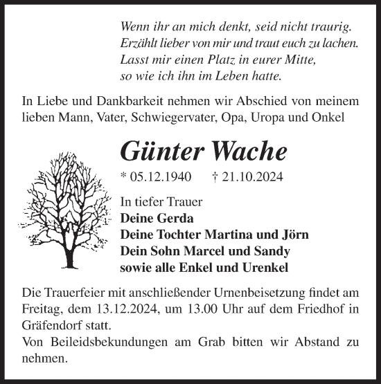 Traueranzeige von Günter Wache von Märkische Oderzeitung