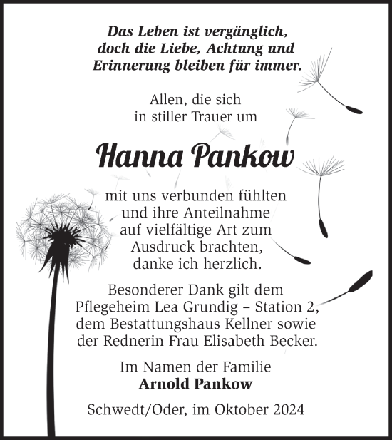 Traueranzeige von Hanna Pankow von Märkische Oderzeitung