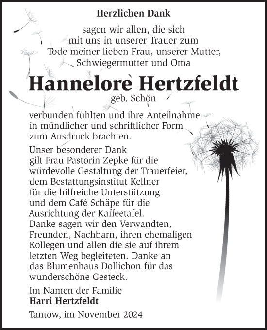 Traueranzeige von Hannelore Hertzfeldt von Märkische Oderzeitung