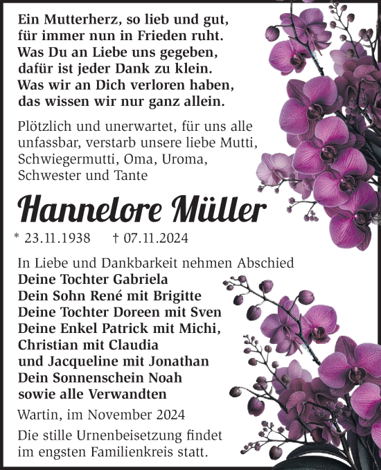 Traueranzeige von Hannelore Müller von Märkische Oderzeitung