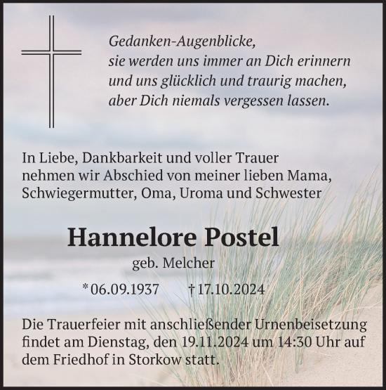 Traueranzeige von Hannelore Postel von Märkische Oderzeitung