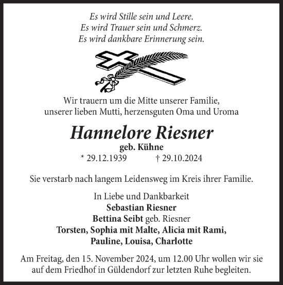 Traueranzeige von Hannelore Riesner von Märkische Oderzeitung