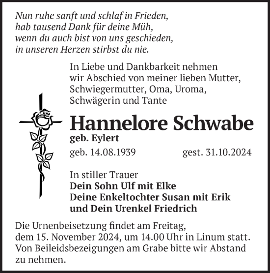 Traueranzeige von Hannelore Schwabe von Märkische Oderzeitung