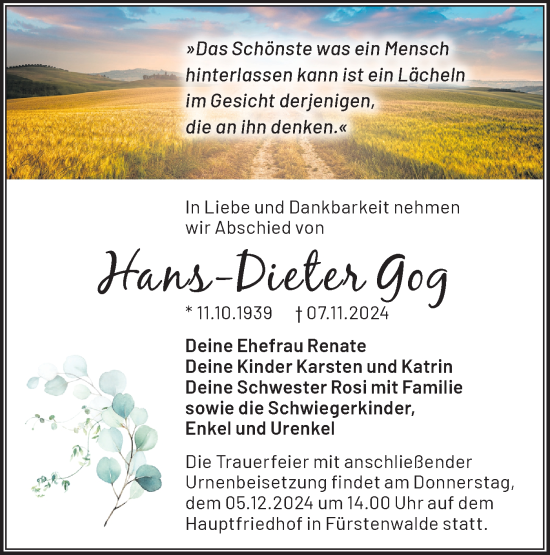 Traueranzeige von Hans-Dieter Gog von Märkische Oderzeitung