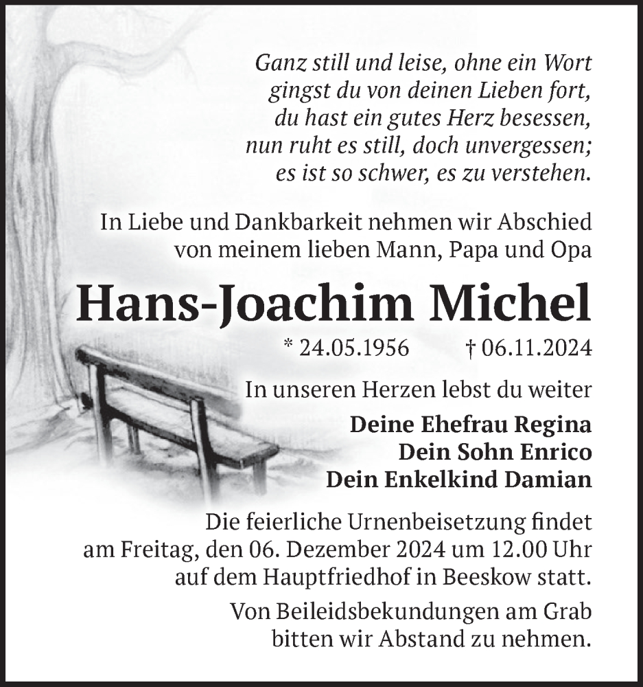  Traueranzeige für Hans-Joachim Michel vom 30.11.2024 aus Märkische Oderzeitung