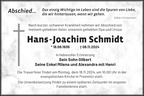 Traueranzeige von Hans-Joachim Schmidt von Märkische Oderzeitung