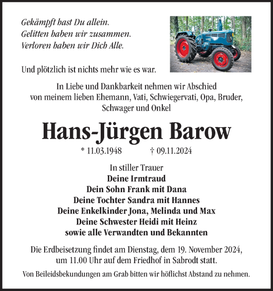 Traueranzeige von Hans-Jürgen Barow von Märkische Oderzeitung