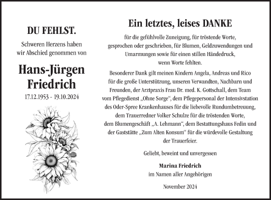 Traueranzeige von Hans-Jürgen Friedrich von Märkische Oderzeitung