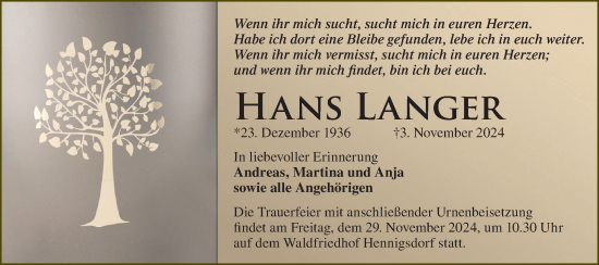 Traueranzeige von Hans Langer von Märkische Oderzeitung