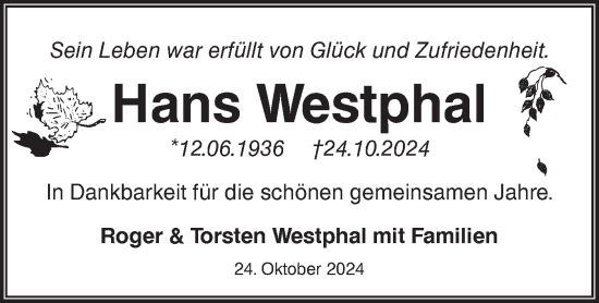 Traueranzeige von Hans Westphal von Märkische Oderzeitung