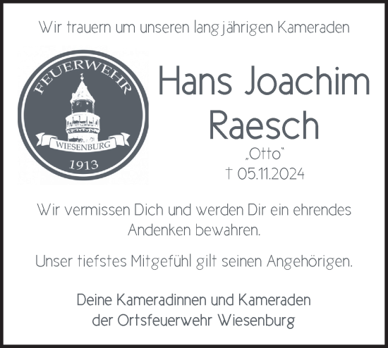 Traueranzeige von Hans Joachim Raesch von Märkische Oderzeitung