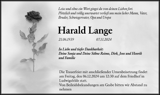 Traueranzeige von Harald Lange von Märkische Oderzeitung