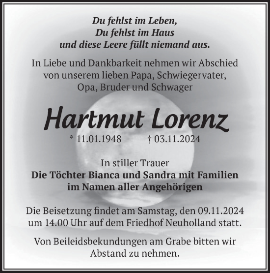 Traueranzeige von Hartmut Lorenz von Märkische Oderzeitung