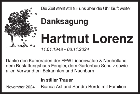 Traueranzeige von Hartmut Lorenz von Märkische Oderzeitung