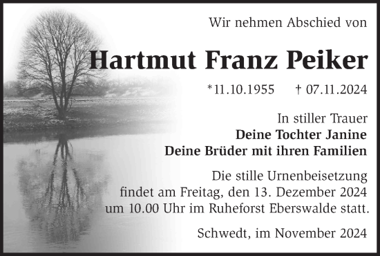 Traueranzeige von Hartmut Franz Peiker von Märkische Oderzeitung