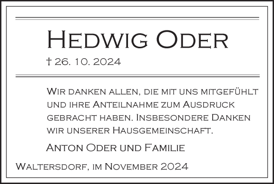 Traueranzeige von Hedwig Oder von Märkische Oderzeitung